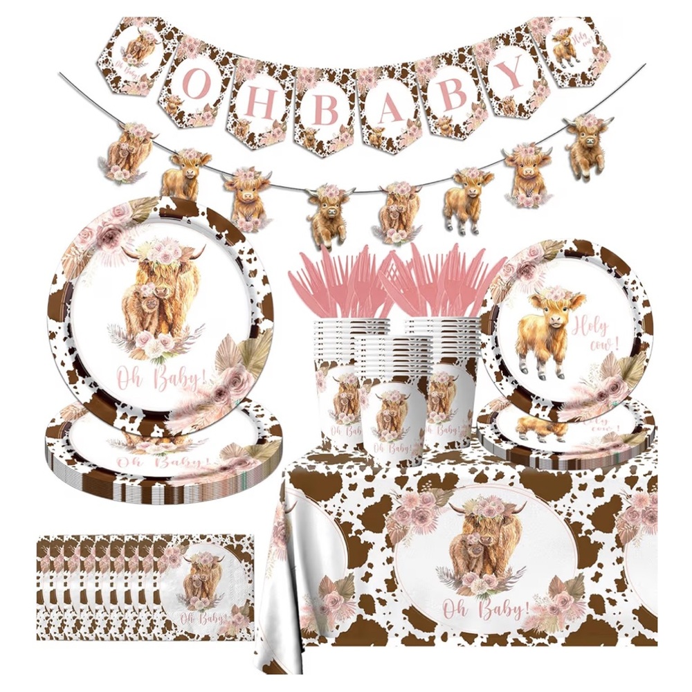 Cow Print Baby Shower Party Supplies Set - 20 Guests